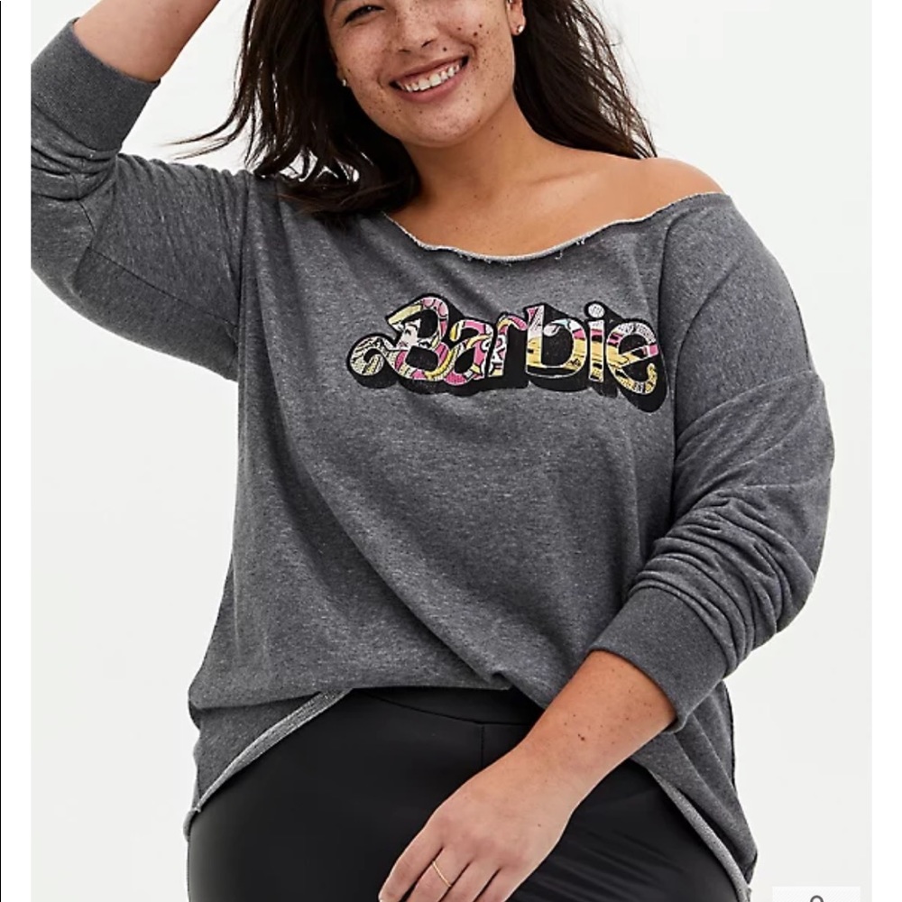 Torrid BARBIE LOGO HEATHER GREY OFF SHOULDER SWEATSHIRT size 2 - 18/20